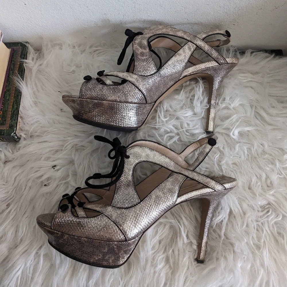 Nicholas Kirkwood Metallic Leather Heels Sandals 8 Lace Up Sling Snakeskin